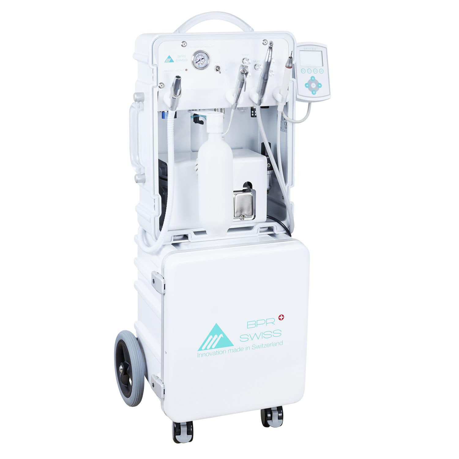 BPR Swiss mobiele unit De mobiele dentale units van BPR Swiss zijn de perfecte partner voor tandheelkundige zorg op locatie. Bijvoorbeeld in het ziekenhuis, verpleeghuis of een andere instelling. Deze volledige volledig uitgeruste behandelunits zijn voorzien van onder andere een compressor, afzuiger en vormen samen compact en lichtgewicht geheel.